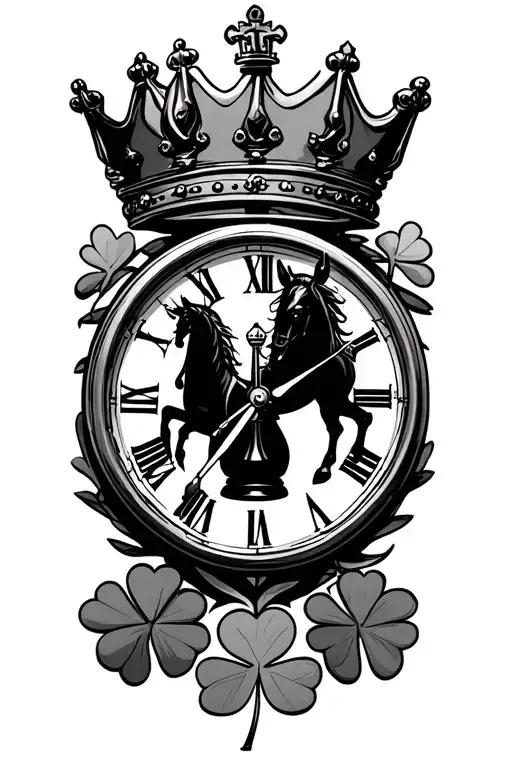 clock with horse chess piece in middle and king crown on top and surrounded with 4 leaf clovers  tattoo design idea