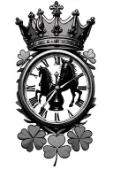clock with horse chess piece in middle and king crown on top and surrounded with 4 leaf clovers  tattoo design idea