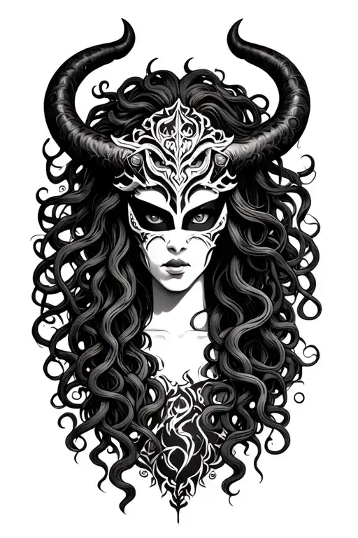 medusa wearing oni mask surrounded tattoo design idea