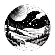 universe, nature scene, circular design, simple, black and white tattoo design idea