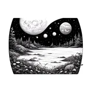 universe, nature scene, circular design, simple, black and white tattoo design idea