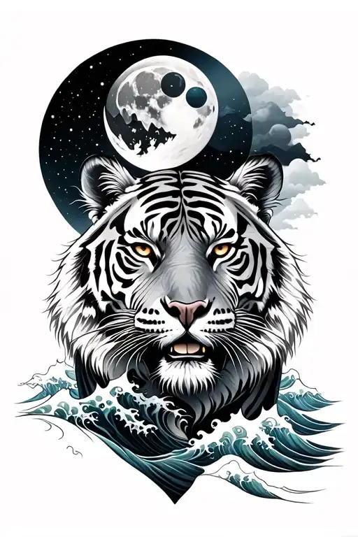 tiger wirh ocean waves, moon and mountain phases tattoo design idea