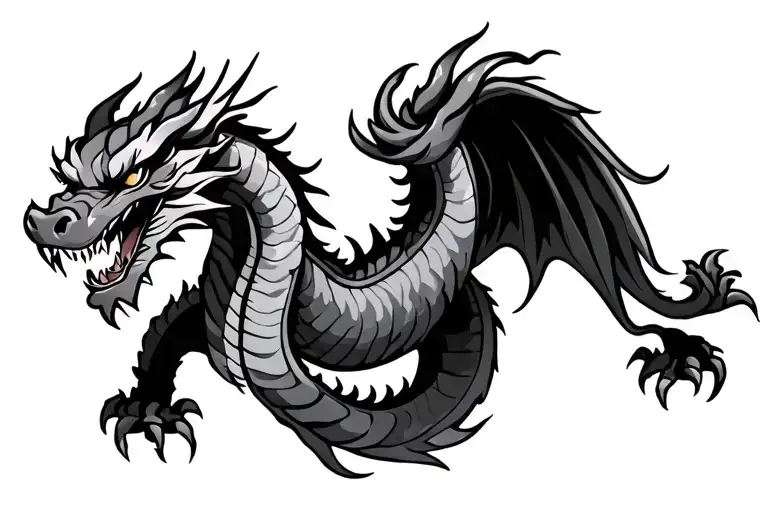 single head traditional Japanese dragon without wings black and grey full length design tattoo design idea