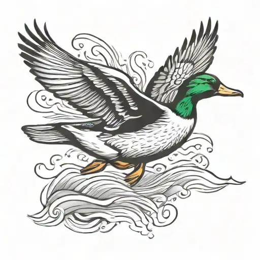 mallard duck flying towards tattoo design idea