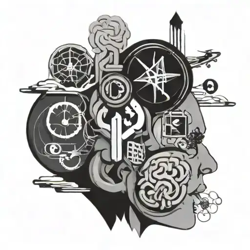 An abstract representation of a business analyst's brain with travel symbols intertwined tattoo design idea