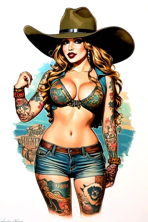 Sexy pin up girl, side profile, full body view, standing, petite, large boobs, Army, cowboy hat tattoo design idea