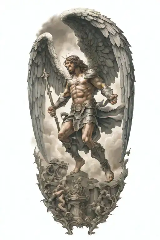 Archangel Michael defeating a demon in a epic battle tattoo design idea