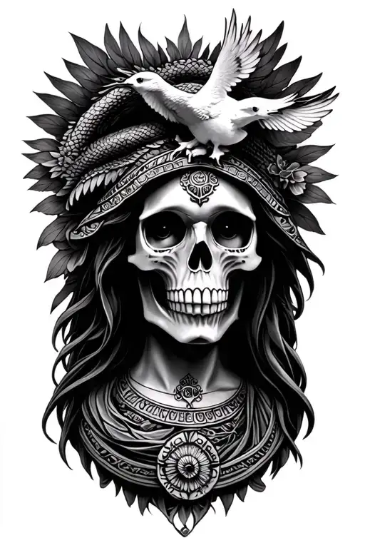 skull candy, Virgin Mary, Quetzalcoatl, dove,  tattoo design idea