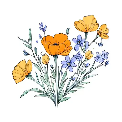 a bouquet of flowers with narcisuss, forget me not, california poppy, and violet  tattoo design idea