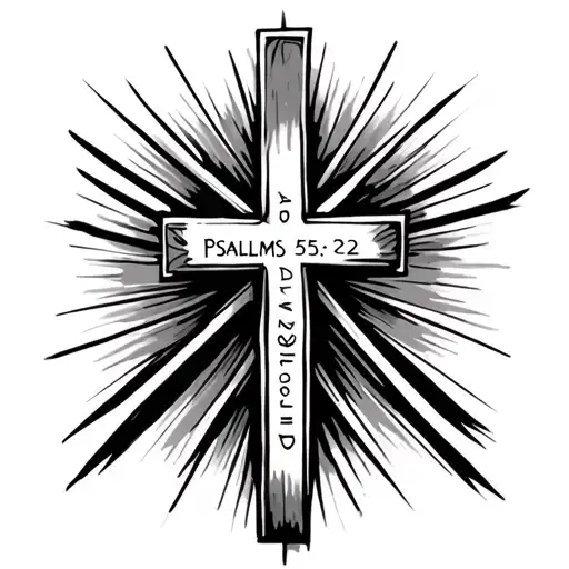 the words psalms 55:22 with a cross on the right side with the intersecting part of the cross going across to underline  tattoo design idea