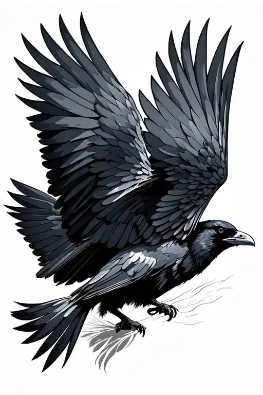 Realistic Fine-Line style: a raven on the side, starts landing, he bodies from springs as well as from polygons tattoo design idea