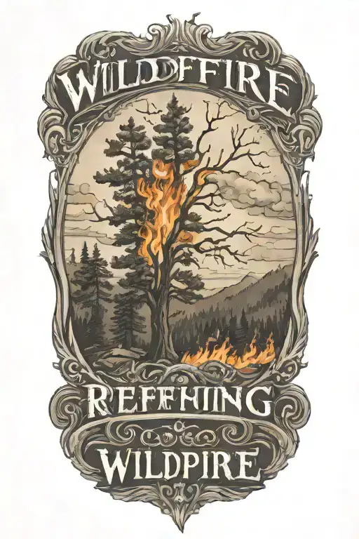 wildfire with words "Refining fire - October 5, 2024" written tattoo design idea