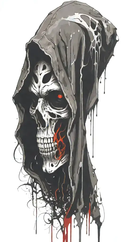 hooded reaper silohuette, smoke, fire, scary, bat wings tattoo design idea