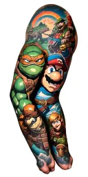 a full arm sleeve of various scenes from zelda, ninja turtles, mario, marvel comics, dc comics, avatar the last air bend tattoo design idea