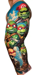 a full arm sleeve of various scenes from zelda, ninja turtles, mario, marvel comics, dc comics, avatar the last air bend tattoo design idea