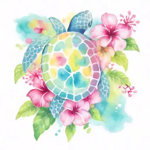Sea Turtle, hibiscus flower, plumeria flower, colorful splotches tattoo design idea