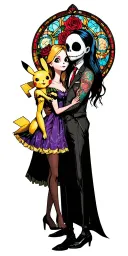 jack and Sally dressed like beauty and the beast with zero dressed like pikachu. include a stained glass window and rose tattoo design idea
