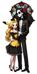 jack and Sally dressed like beauty and the beast with zero dressed like pikachu. include a stained glass window and rose tattoo design idea