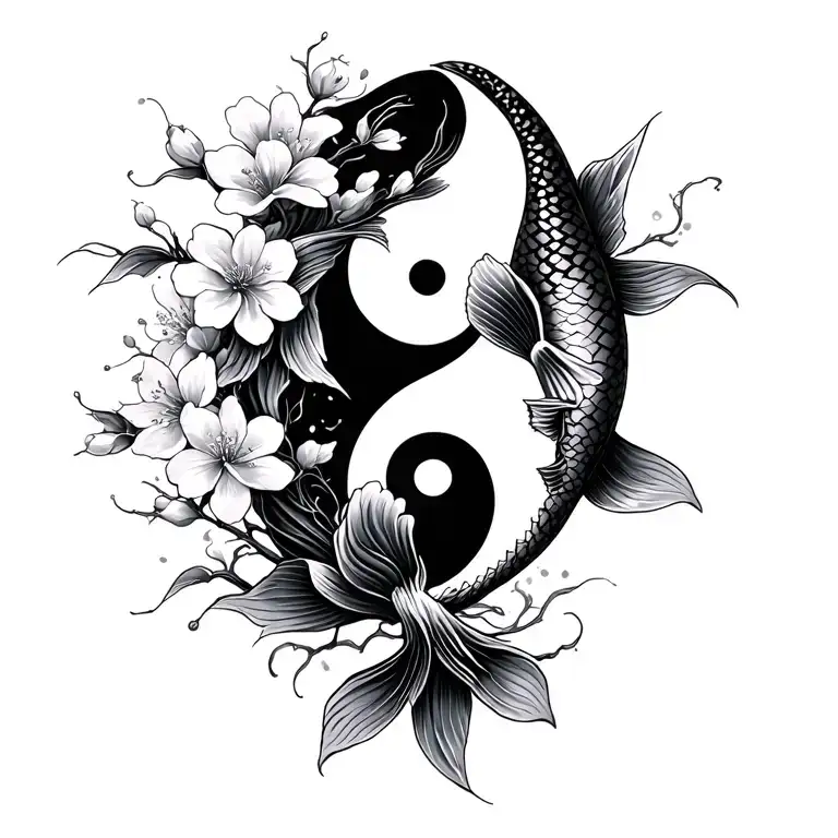 yin yang koi fish cherry blossom tattoo design idea
