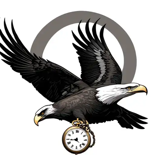 Eagle flying, holding a pocket watch in its talons tattoo design idea