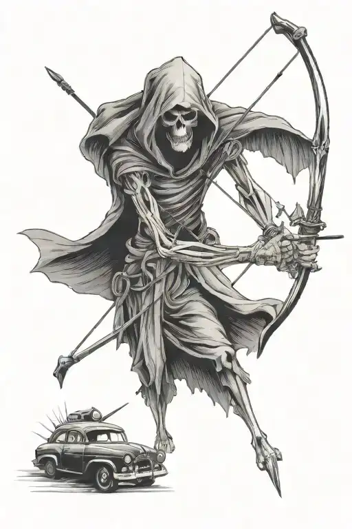 grim reaper with bow and arrow with compass and old police car behind  tattoo design idea