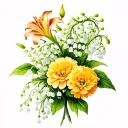lily of the valley and marigold and carnation flowers intertwined tattoo design idea