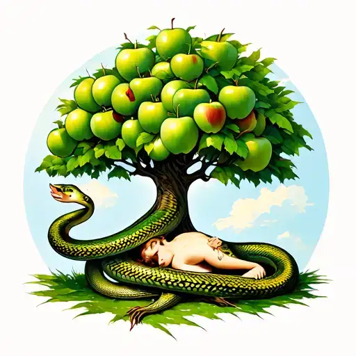 Apple tree with serpent wrapped around the trunk and eve laying at the bottom tattoo design idea