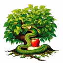 Apple tree with serpent wrapped around the trunk and eve laying at the bottom tattoo design idea