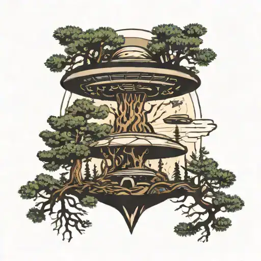 UFO beaming up a pine tree with roots tattoo design idea