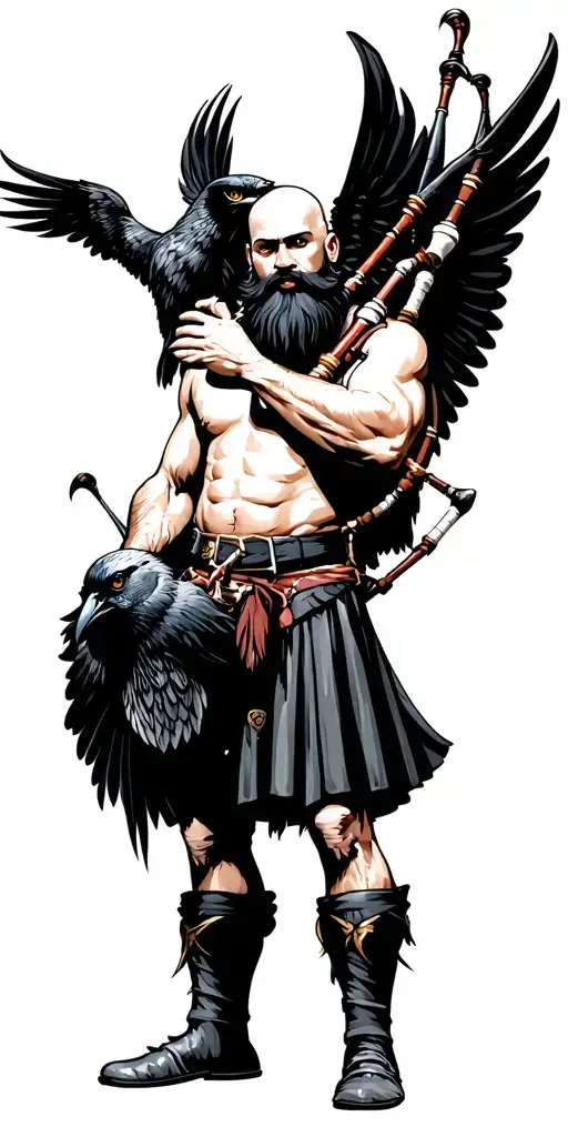shirtless bagpiper with big black wings muscular playing the bagpipes bald with  black beard and a crow with claws  tattoo design idea