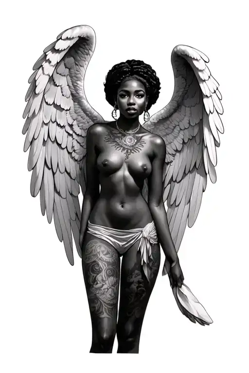 African American woman with angel wings, who is semi naked tattoo design idea