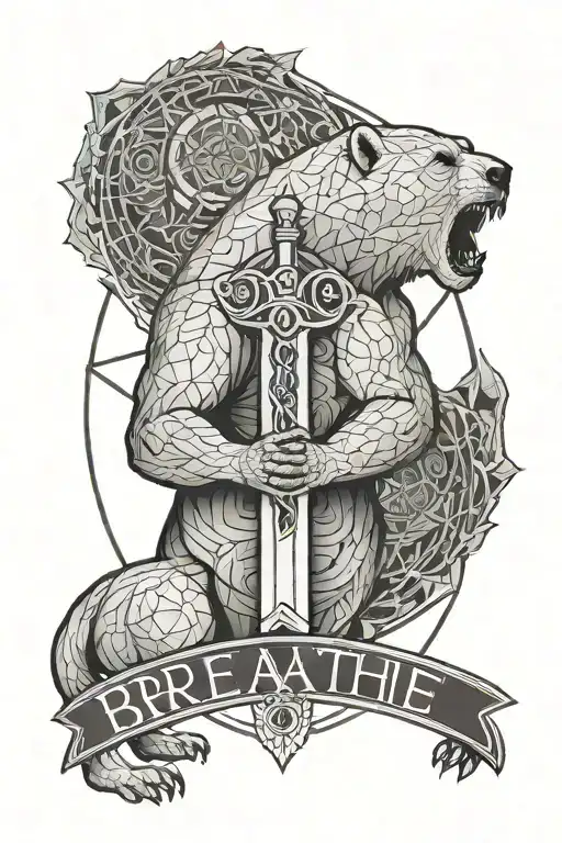 line tatoo with death angel holding a sword and the word breathe and geometri lines going down to showcase a polar bear tattoo design idea