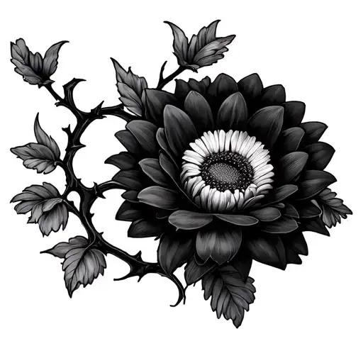 Show me a picture of a tattoo that is vine twisted with thorns that has daisies, colored daisies and Black Dahlia flower tattoo design idea