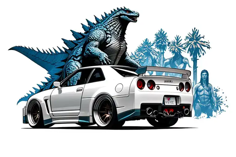 Nissan GT R32 - rear view. In the background stands Godzilla, more car several times tattoo design idea