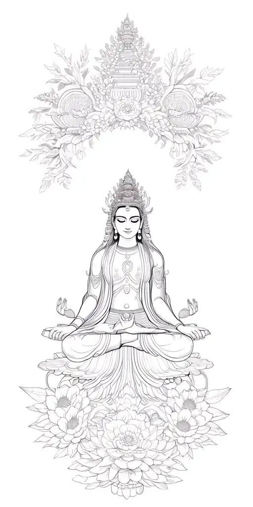 Green Tara goddess surrounded Cheryl blossom with bajra and Buddhist templd tattoo design idea