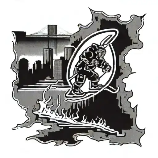 Boston skyline in the background with the boston bruins logo in the center. Make the logo look rustic tattoo design idea