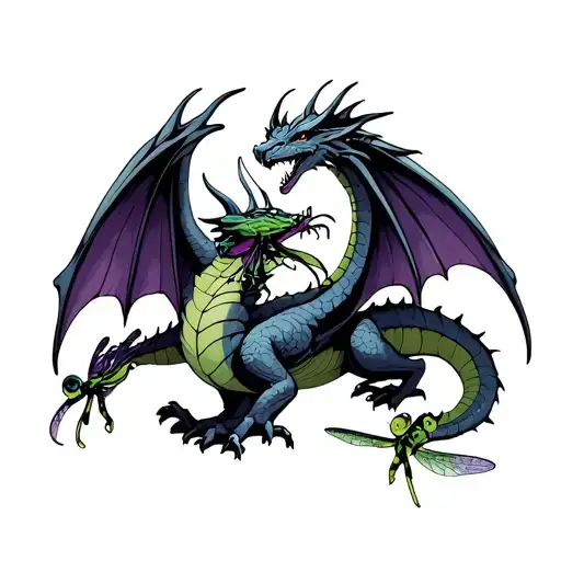 western irish style winged dragon gently cupping a green and purple dragonfly tattoo design idea