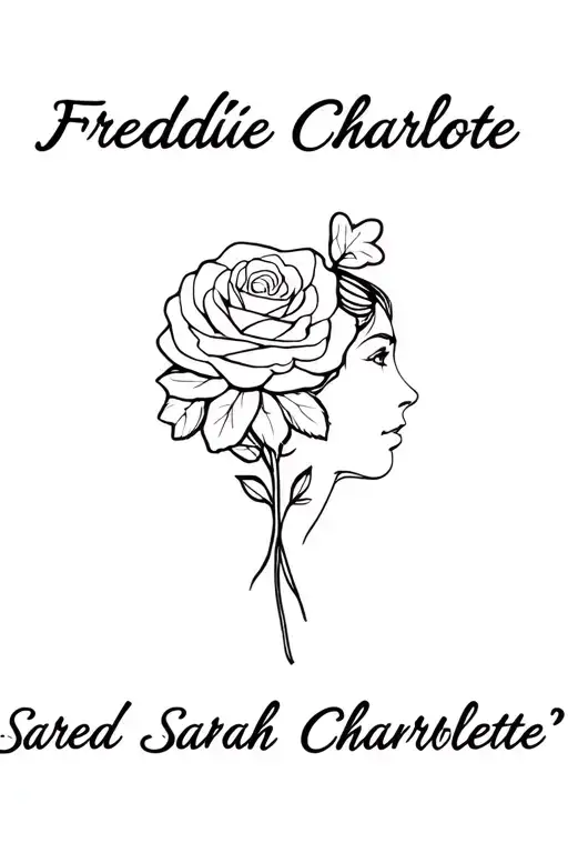 "Freddie Sarah Charlotte " shamrock, white rose, daffodil head profile holding tattoo design idea
