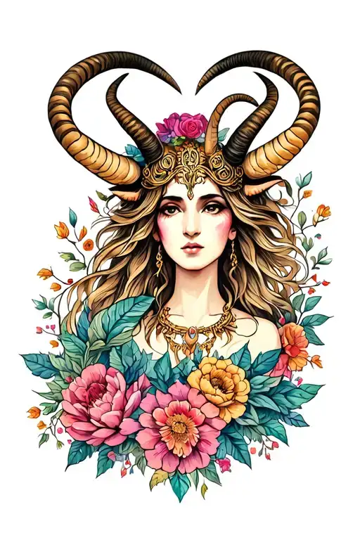 Capricorn Goddess surrounded by flowers tattoo design idea
