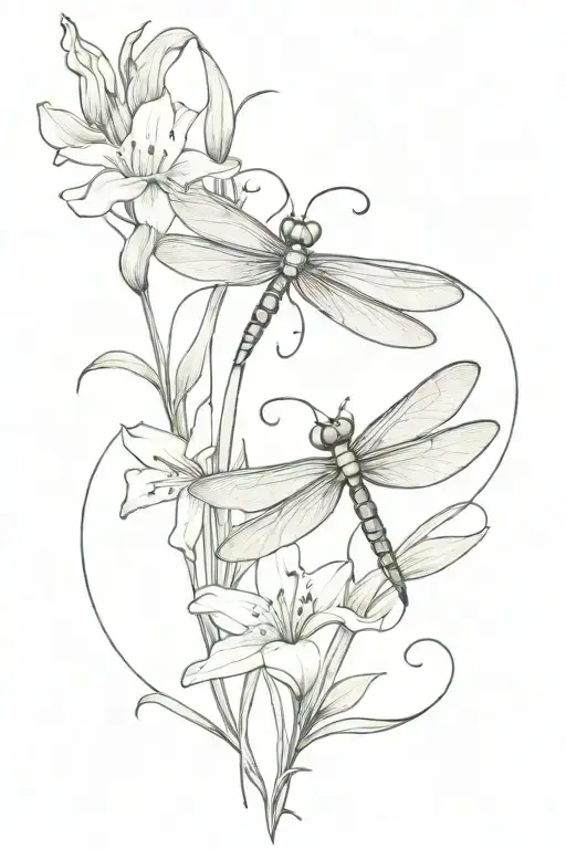 dragonfly's with lilies and vines growing tattoo design idea