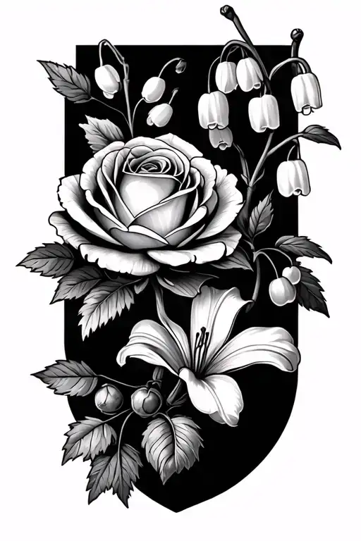 rose, peony, lily of the valley, hawthorn, violet flower tattoo design idea