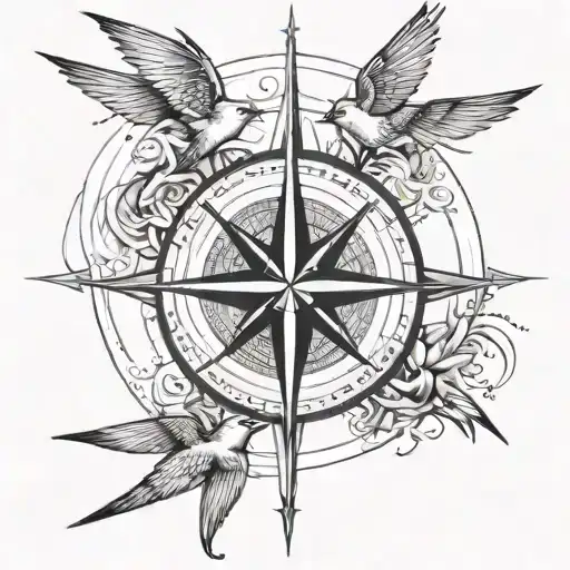 4 swallows wrapped together in a compass rose symbolizing the 4 cardinal points tattoo design idea