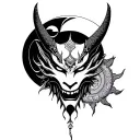 japanese  demon mask with moon and sun tattoo design idea