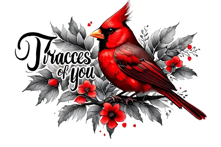 words "Traces of you" in cursive with a red cardinal  tattoo design idea