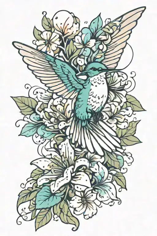 humming bird with flowers tattoo design idea