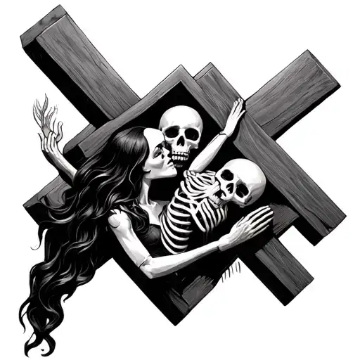 skeleton praying to a woman on a cross tattoo design idea