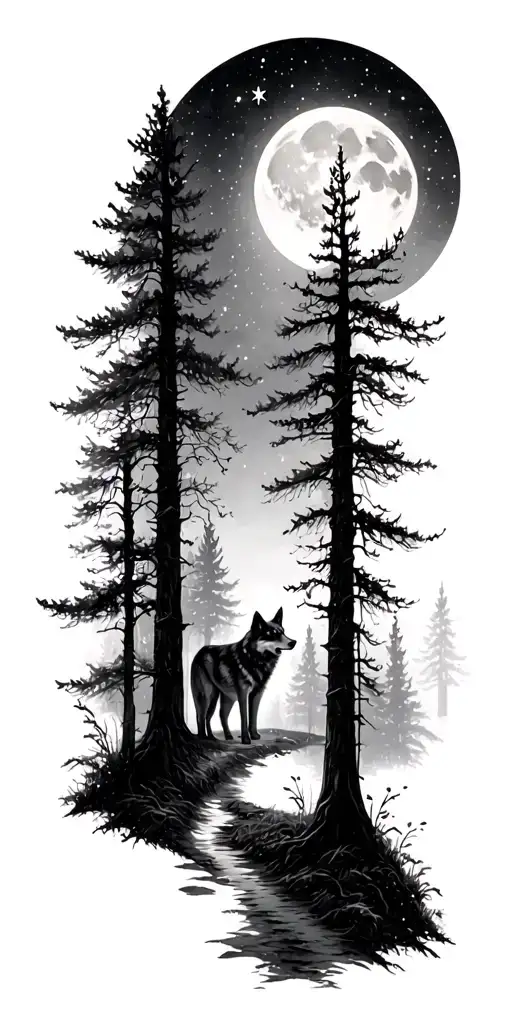 Forest with path, wolf luna and a star tattoo design idea
