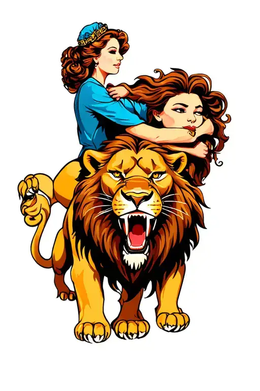 A bold, American Traditional tattoo of a roaring lion with a vintage-style woman above it embracing the lion tattoo design idea