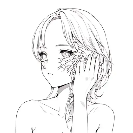 A beautiful anime girl whose skin is peeling off half of her face tattoo design idea