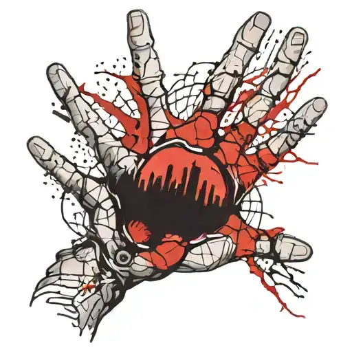 A surreal digital illustration of a human hand with cracked skin, revealing a Halloween-themed world inside. In the cent tattoo design idea